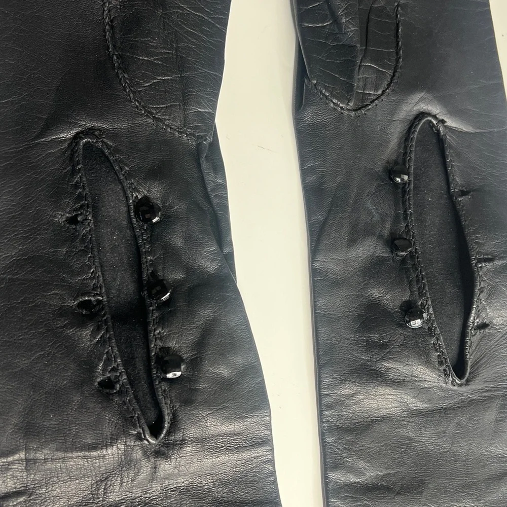 Black 20” Leather Sz 6 Opera Length Gloves Black Crystal Buttons Palm Opening